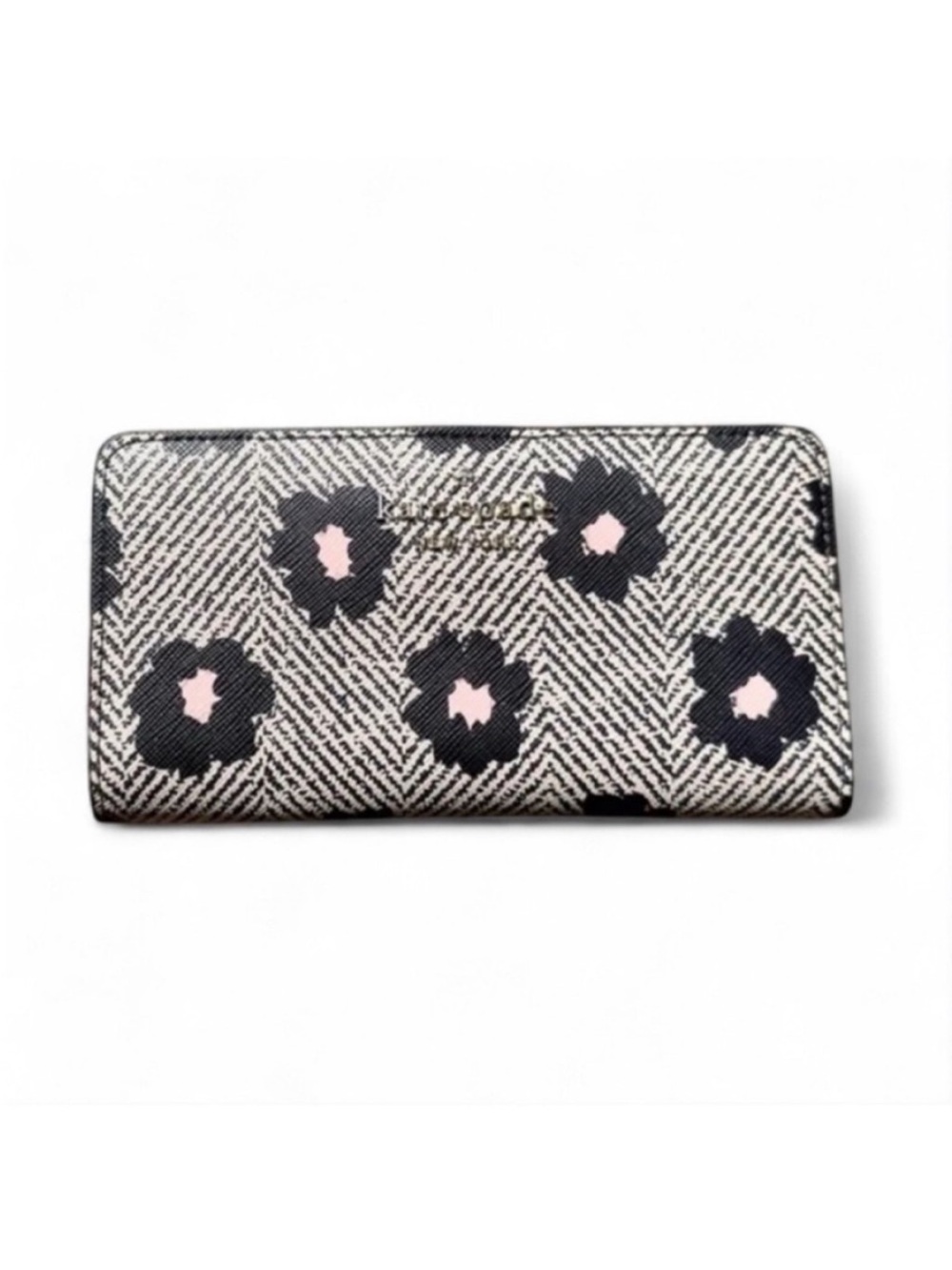 kate spade ♠️ Black Floral Print Continental Zip Bifold Wallet with Pink Accents